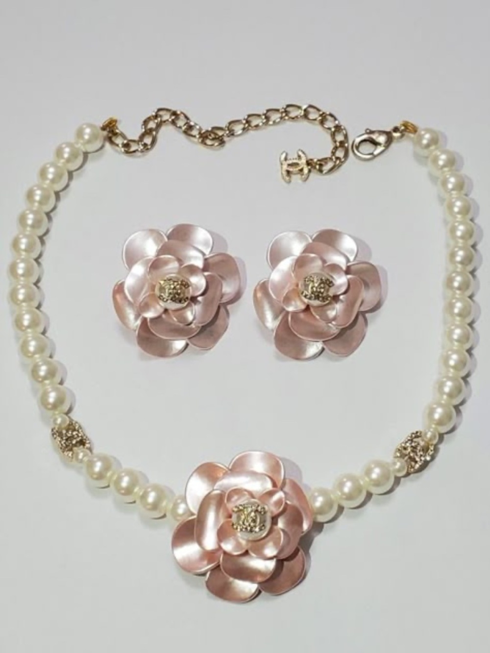 CC Pink Camellia Earrings with diamantés Cruise 2022/23 collection